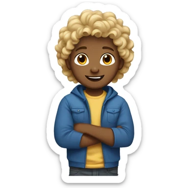 Boy with curly blonde hair, brown skin and blue t-shirt sticker