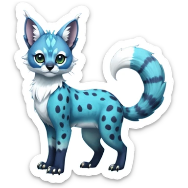 Cute kawaii cool edgy badass  deep ocean-indigo fur with bioluminescent aqua speckles fantasy-caracal-civet-genet-sergal-vernid-Gryphon-Cacomistle-Trico-oncilla-animal-Fakémon-hybrid-fursona (full body), facial markings, (realism style) sticker
