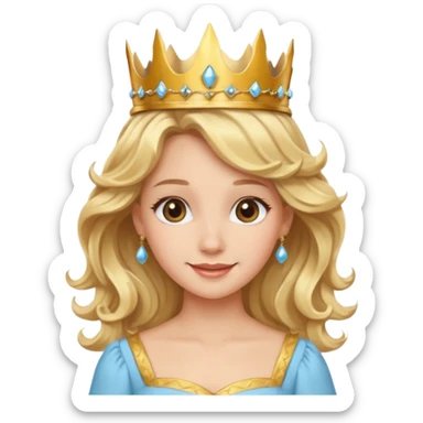 Cheerful blonde princess with wavy hair and light blue dress, wearing crown sticker