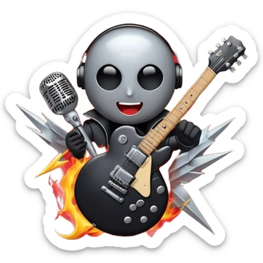 Create a bold and dynamic emoji representing rock vocal performance in a humanless collage. The design should feature a vintage microphone at the center, surrounded by key rock elements like an electric guitar, drumsticks, and a guitar pick. Include symbols of energy, such as lightning bolts or flames, and subtle musical notes or sound waves to evoke the raw power of rock vocals. Use dark, bold colors like black, silver, and red, with hints of chrome or metallic accents to convey the edgy, rebellious spirit of rock music. The background should be transparent. sticker