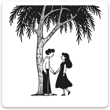 Hand-drawn romantic scene with two people holding hands under a tree sticker