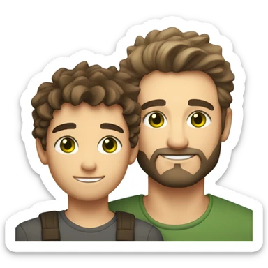 Handsome Father 40s green eyes with short full beard with Son 13s light brown eyes tousled bedhead look both has brunette hair light skin arms on shoulder portrait sticker
