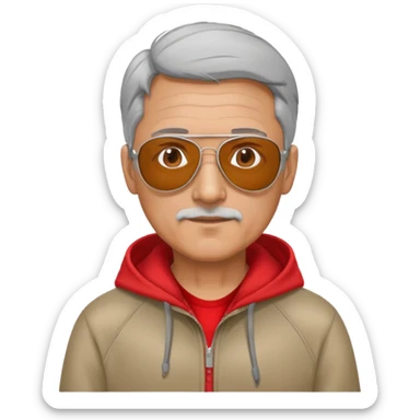 50-year-old man with some grey hair, aviator sunglasses, wearing a red hoodie sticker