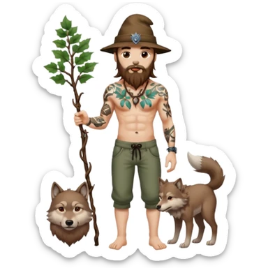 full body man long brown hair brown eyes medium beard white skin shirtless with vine tattoos and wolf hat sticker