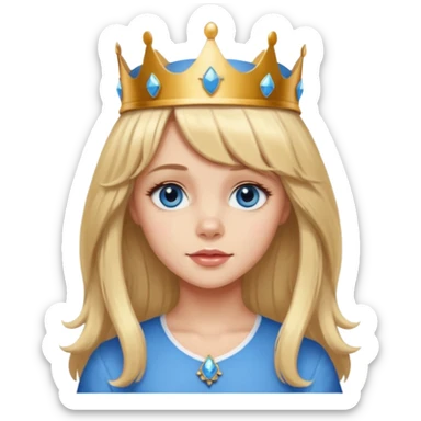 simple Blonde girl with bangs, long seductive hair and blue eyes, and a simple crown. giving cockerspaniel energy head only sticker
