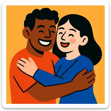 illustration of a brown-skinned man and a white-skinned woman with black hair hugging, simple background sticker