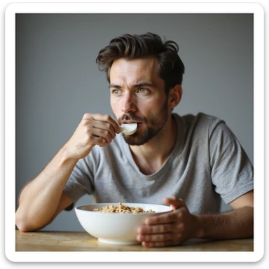 hyperrealistic 4K man isolated on white background having breakfast, eating cereal with milk, natural pose, realistic details, variant 3 sticker