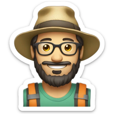 happy smile gardener face long dark beard and very short dark hair with little transparent glasses and a hat sticker