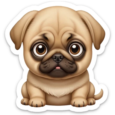 Baby Pug with big eyes, head tilted down, staring at food sticker