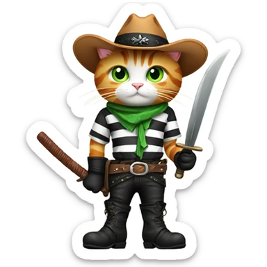 ginger striped cat with green eyes with black leather boots and cowboy hat standing on two back feet holding a fencing sword in its right paw sticker