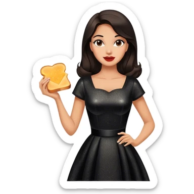 Beautiful woman in 1950’s woman fashion look, black shimmery dress, long dark brown hair, grilled cheese sandwiche sticker