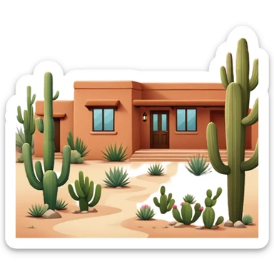 Tucson style house with adobe walls, flat roof, southwestern architecture, desert landscaping, cactus sticker