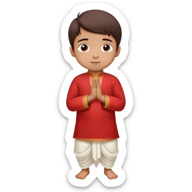 Full body Bengali boy wearing traditional red kurti and white dhoti with hands joined in prayer position sticker