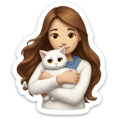 a girl with long brown hair, in a white sweater, hugs a fold cat. sticker