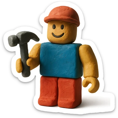 roblox character, blocky avatar, holding a tool, friendly smile, claymation style sticker