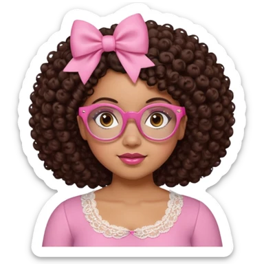 medium-light kinned afro-latina girl with medium length chocolate brown side part curly hair, small pink bow, brown glasses, brown eyes, pink and white sweetheart necklined top with lace, round wide-ish nose, chubby oblong face sticker