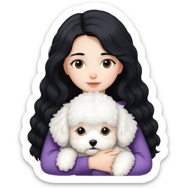 A girl with long straight black hair hugs a white curly-haired Bichon Frise puppy sticker