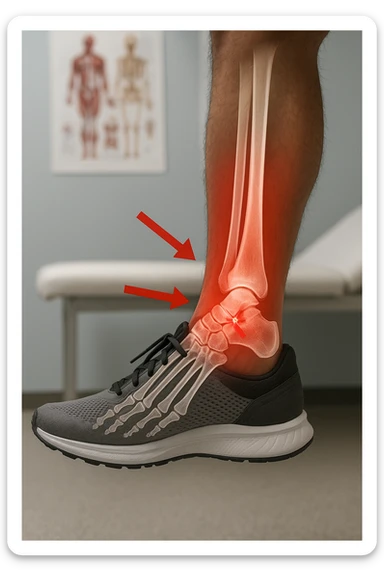 Realistic, vertical medical scene: a runner’s foot and lower leg are shown in profile, with a transparent overlay revealing a small stress fracture in the metatarsal bone. Red highlights and arrows indicate the area of pain and injury. The setting is a medical exam room, with anatomical charts in the background. sticker