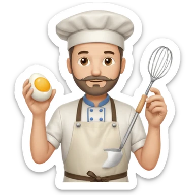Middle aged male pastry chef - with a small beard, apron, white hat, holding an egg beater in his right hand, and his left hand naturally hanging down to his side sticker