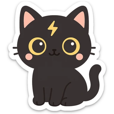 cute black cat with big yellow eyes, thunder scar on forehead like Harry Potter sticker