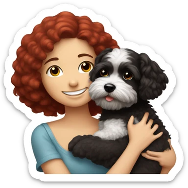 Dark-red-haired girl hugs  her Maltipoo-Black-dog sticker