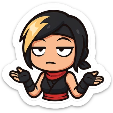 Sexy chibi ninja girl with black short hair and a blonde streak, only head and arms, colorful chibi style with bold outlines, transparent background, no mask, rolling eyes expression with eyes looking up and mouth in a flat line, sized for Twitch emoji use. sticker