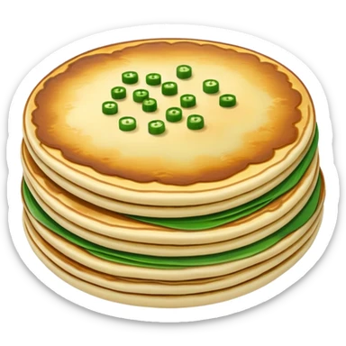 Chinese scallion pancake with visible layers and green onions, simplified emoji style with bold outlines and bright colors, cartoon style crispy Cong You Bing sticker