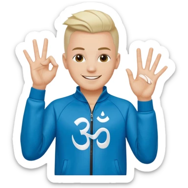 rapeur jul en emoji ios, blanc, rasé sur les cotés, cheveux au centre dressés au gel, signe J avec les mains, survet de l'om sticker