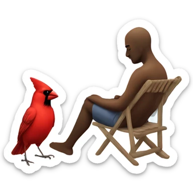 Create a picture of a person and a cardinal that are sad from grief sitting on beach with palm trees during a sunset sticker