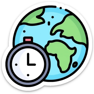 Earth globe with a small clock in the bottom corner, timezone icon sticker