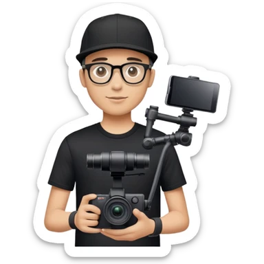 A videographer with a dji steadicam and a Sony camera, wearing a black T-shirt and a black cap. He also has thin-rimmed glasses. sticker