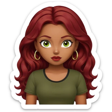 a pretty fair bratz girl with wavy dark red hair, wearing a black tee. eyeliner on, olive green eyes. Till stomach sticker