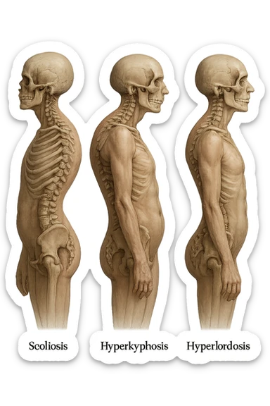 fai un immagine identica che riguarda 3 posture scorrette: scoliosi, ipercifosi e iperlordosi. falla iperrealistica anatomica in 4k con spina dorsale storta in evidenza su ogni figura sticker