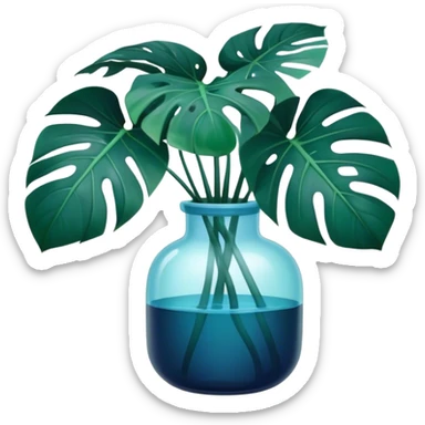 Aesthetic monstera flower in deep bottle green color in a beautiful blue pot sticker