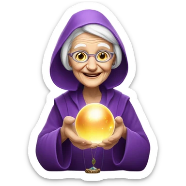 Wise Old Lady Fortune teller with crystal ball looking into the camera smiling sticker