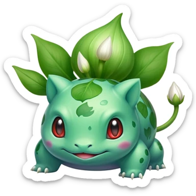 Bulbasaur with a green, unopened plant bulb with layered petals, resembling a garlic or lily bud on back sticker