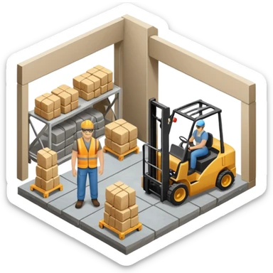 cnc machien curtting stone slab standing in a warehouse with human personelle and forklift isometric view sticker