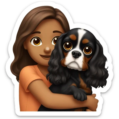 cute girl hugging two black and brown cavalier king charles spaniel  sticker