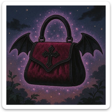 pink and black gothic purse, bat wing accents, velvet texture, magical aura sticker