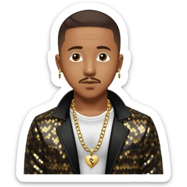 Marques Houston with dark brown hair, black sequin jacket, shirtless with necklace sticker