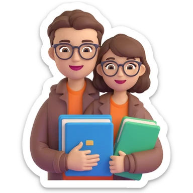memoji of a college student, wearing glasses, holding books, cheerful, modern hairstyle sticker