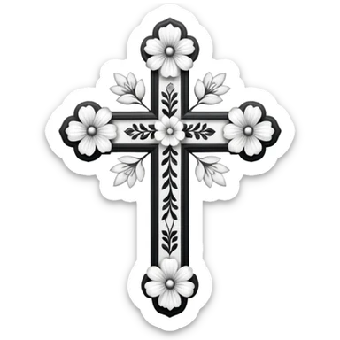 a black and white detailed cross with flowers over lapping sticker