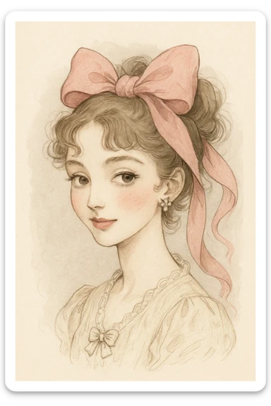 digital illustration style coquette woman with delicate details, large pink bow, elegant and artistic sticker