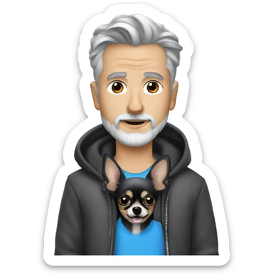 man blue eyes gray hair gray goatee ball cap holding black longhair chihuahua  sticker
