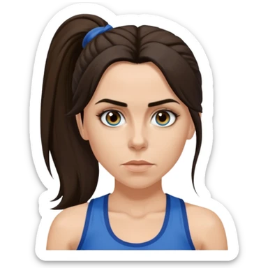 Melanie C with hazel eyes, dark brown long ponytail hair, blue tank top sticker