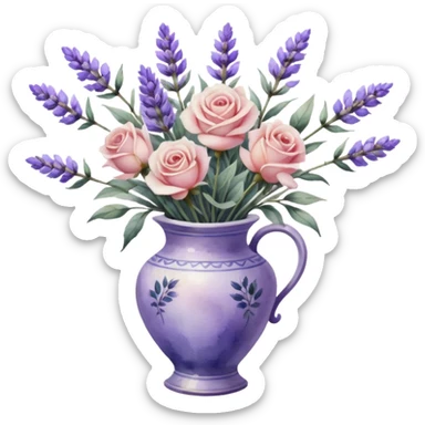 Watercolor painting of roses and lavender in a vintage vase, with light brushstrokes visible sticker