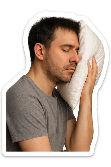 uomo di profilo assonnato che si tiene un cuscino contro la testa, occhi chiusi, iperrealistico 4k, isolato su sfondo bianco sticker