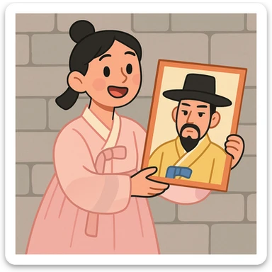 a young woman in a pale pink, sheer hanbok holding a traditional Korean portrait in front of a grey stone wall, pastel toon style sticker