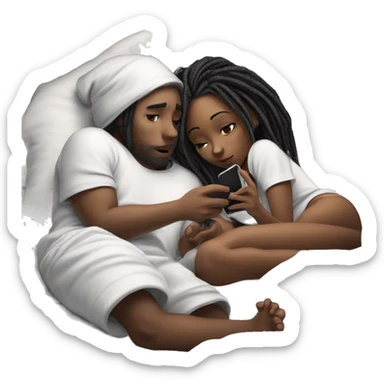A back boy with dreads and a black girl with a bonnet on, on her phone white there both laying down on a bed and he’s under the covers and she’s on her phone sticker