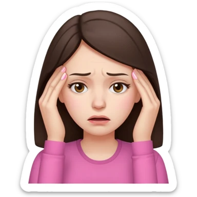 a female brunette with stress and headache wearing pink sticker
